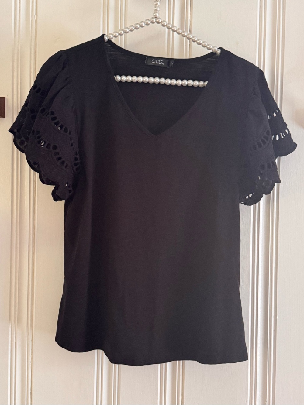 Cure Black V-Neck Eyelet Flutter Sleeve Blouse